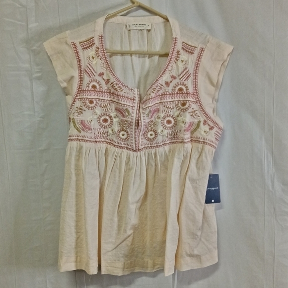 Lucky Brand Embroidered Flutter Sleeve Top Pink Nude Boho Cotton - Picture 2 of 13